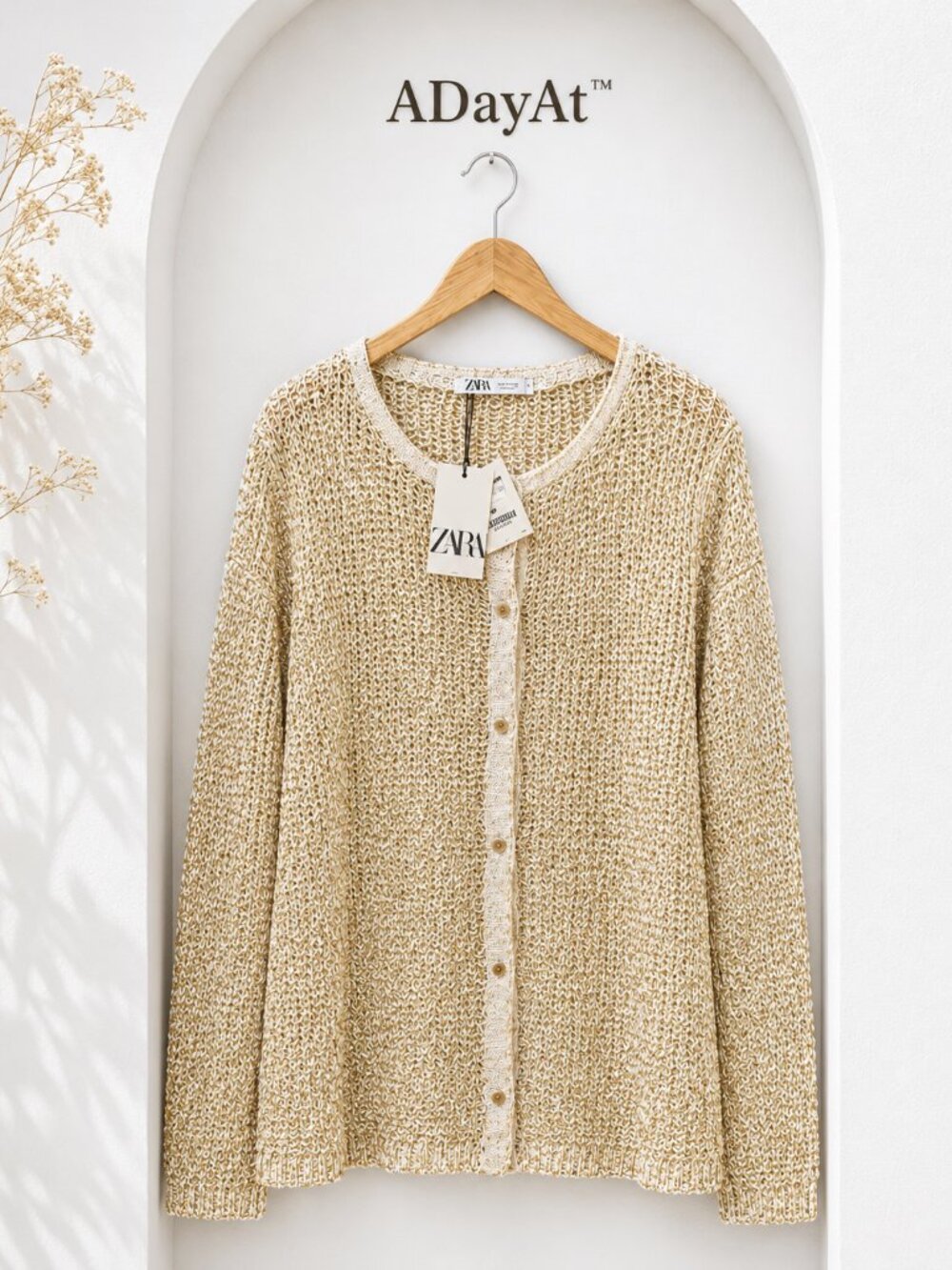 Zara Metallic Gold Knit Cardigan XL | Shimmer Thread Open Weave New With Tags